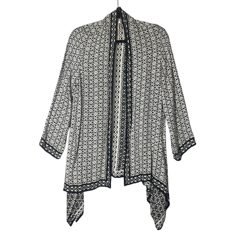 Chicos Open Front Cardigan Sz‎ 1, Medium Black White Geometric Asymmetric Hem